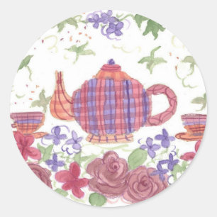 Pegatina Redonda Tetera y flores del té