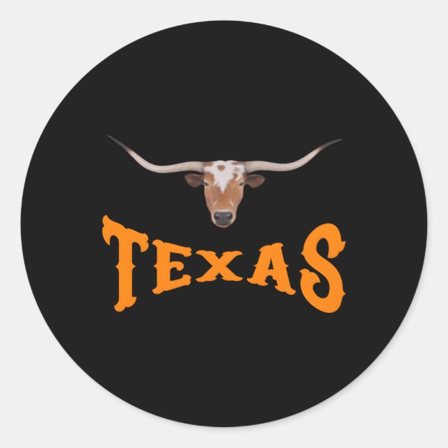 Pegatina Redonda Texas Name With Longhorn Sr'S Head (Anverso)