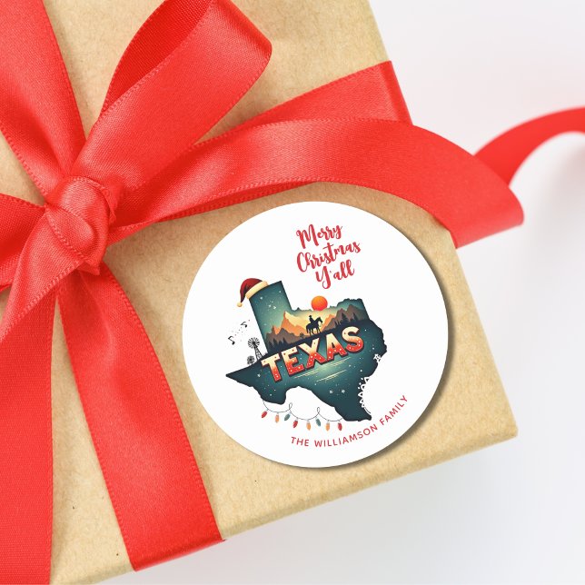 Pegatina Redonda Texas State Feliz Navidad Y'all Personalizado Fest (Personalize with name & text.  Matching items available in collection.)
