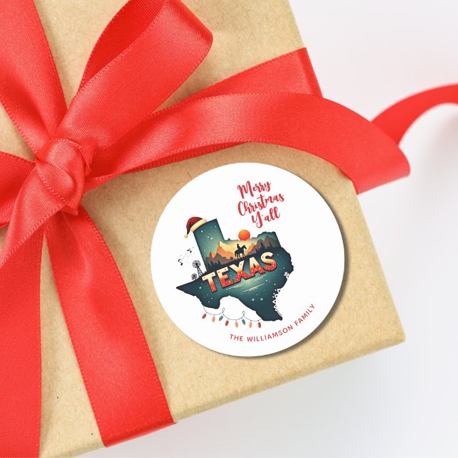 Pegatina Redonda Texas State Merry Christmas Y'all Personalizado Te (Edit or remove text as required. See collection for matching items)