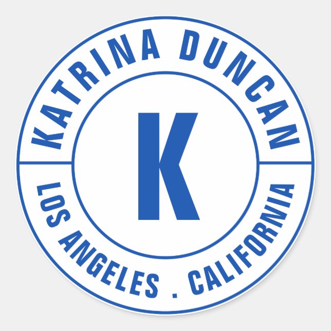 Pegatina Redonda Texto curvo del Monograma Azul Real Moderno (Anverso)