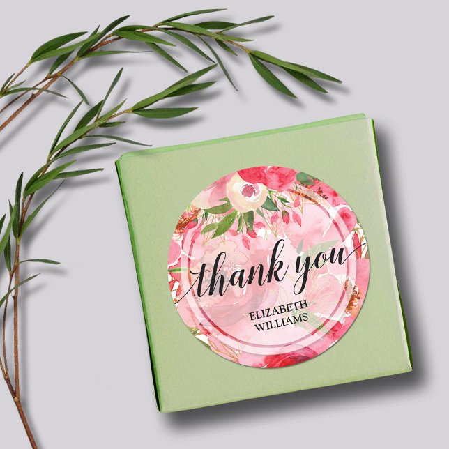 Pegatina Redonda Texto de agradecimiento flores de peonía (3" round stickers with your name and Thank You on pink and cream peony flowers)