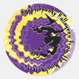 Pegatina Redonda Texto de hechizo mágico de bruja voladora amarilla