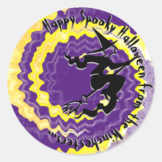 Pegatina Redonda Texto de hechizo mágico de bruja voladora amarilla (Anverso)