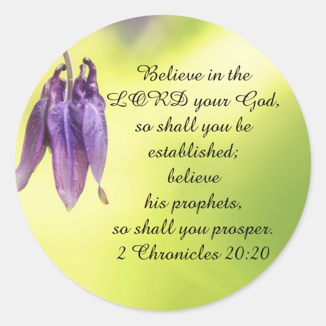 Pegatina Redonda Texto de la Biblia 2 Crónicas 20:20 (Anverso)