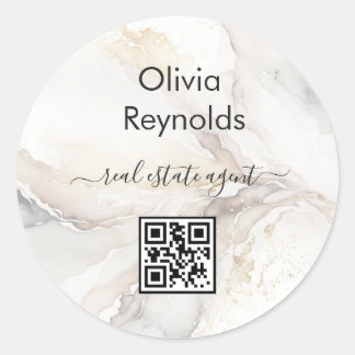 Pegatina Redonda Texto de mármol Minimalista moderno Código QR neut