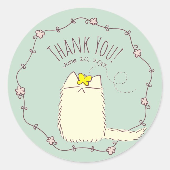 Pegatina Redonda Texto del Personalizado Fluffy Cat and Yellow Butf (Anverso)