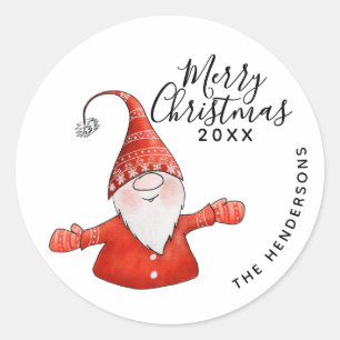 Pegatina Redonda Texto negro moderno Gnome blanco rojo Feliz Navida