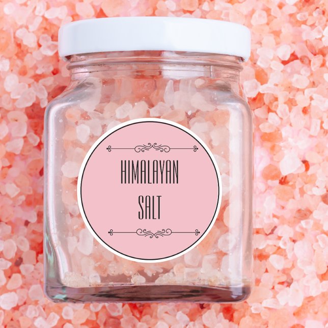 Pegatina Redonda Texto negro rosado de la sal Himalaya personalizad (himalayan salt labels )