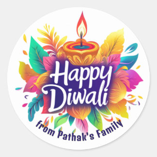 Pegatina Redonda Texto personalizado, Feliz Diwali Diya y Hojas