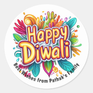 Pegatina Redonda Texto personalizado, Feliz Diwali Explosión de Col