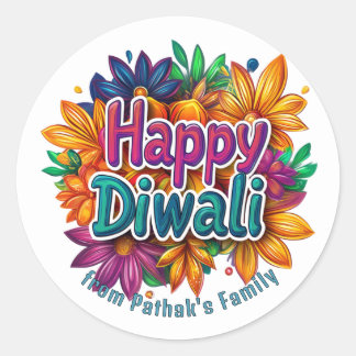 Pegatina Redonda Texto personalizado, Feliz Diwali Floral Burst