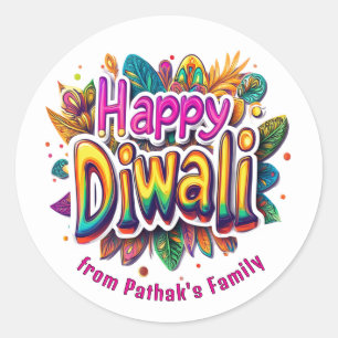 Pegatina Redonda Texto personalizado, Feliz Diwali Leaf Burst
