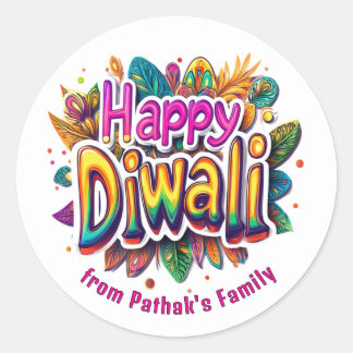 Pegatina Redonda Texto personalizado, Feliz Diwali Leaf Burst