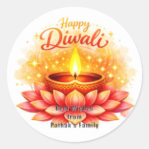 Pegatina Redonda Texto personalizado, Feliz Diwali Loto Diya