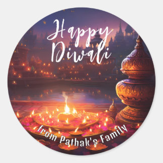 Pegatina Redonda Texto personalizado, Feliz Diwali Luces del Templo
