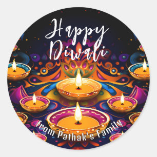 Pegatina Redonda Texto personalizado, Feliz Diwali Multi‑Diyas