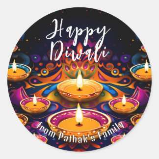 Pegatina Redonda Texto personalizado, Feliz Diwali Multi‑Diyas