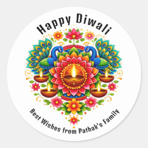 Pegatina Redonda Texto personalizado, Feliz Diwali Pavón Diya