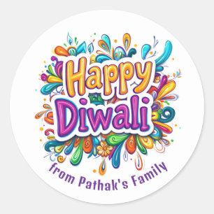 Pegatina Redonda Texto personalizado, Feliz Diwali Remolino y Hoja