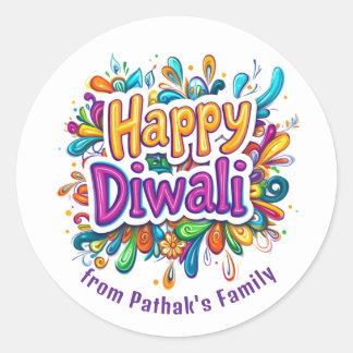 Pegatina Redonda Texto personalizado, Feliz Diwali Remolino y Hoja