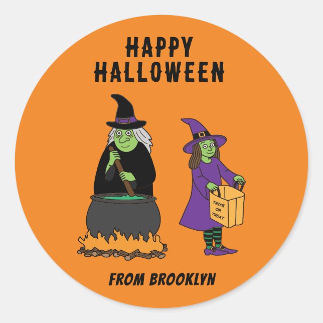 Pegatina Redonda Texto personalizado feliz Halloween brujas (Anverso)