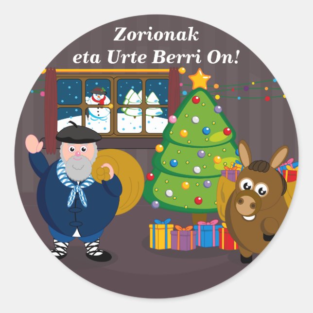 Pegatina Redonda Texto personalizado, Olentzero Navidad / escena de (Anverso)