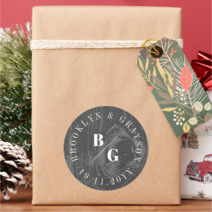 Pegatina Redonda Textura de grano de madera rústica negra Chic Boda