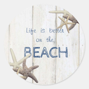 Pegatina Redonda Textura De Madera Adorable, Starfish, Beach