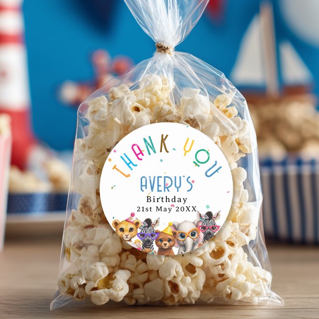 Pegatina Redonda Thank you! Animals Kids Birthday (Thank you! Animals Kids Birthday Classic Round Sticker with your Name and Date)