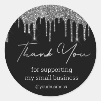 Pegatina Redonda thank you black and silver glitters small business