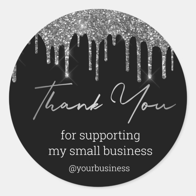 Pegatina Redonda thank you black and silver glitters small business (Anverso)