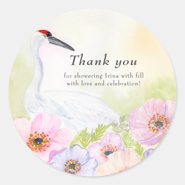 Pegatina Redonda Thank You Bridal Shower Whooping Crane Anemones  (Anverso)