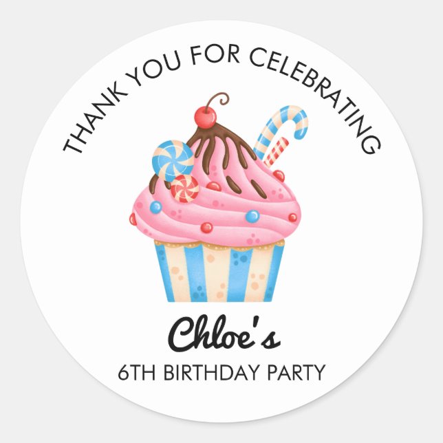 Pegatina Redonda Thank You Cupcake Theme Birthday Party Sticker (Anverso)