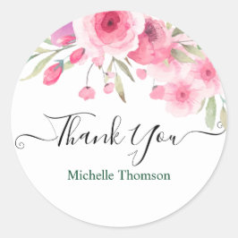 Pegatina Redonda Thank you editable pink floral illustration