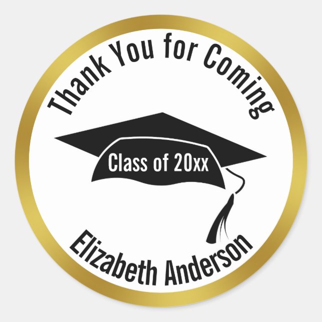 Pegatina Redonda Thank You for Coming Gold White Name Graduation (Anverso)