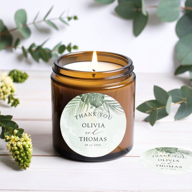 Pegatina Redonda Thank You Green Tropical Wedding Favor (Subido por el creador)
