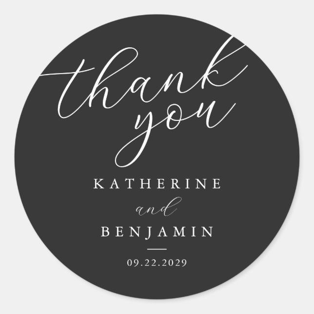 Pegatina Redonda Thank You Matte Black Minimalist Wedding (Anverso)