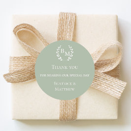 Pegatina Redonda Thank you sage green monogrammed wedding