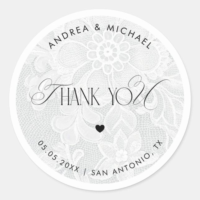 Pegatina Redonda Thank You White Lace Wedding Favor Label (Anverso)