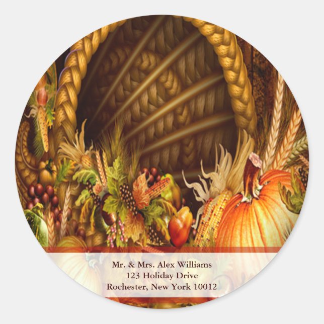 Pegatina Redonda Thankde Cornucopia Address Labels (Anverso)