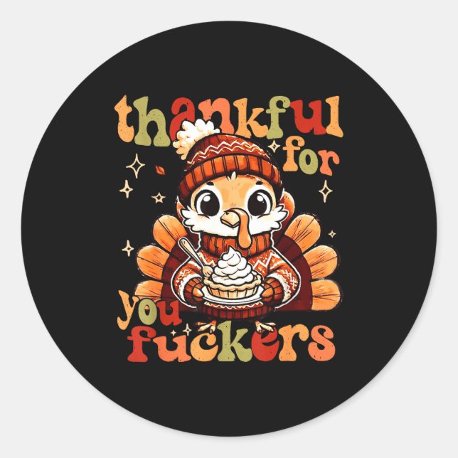 Pegatina Redonda Thankful For You Forers Thanksgiving Turkey Pumpki (Anverso)