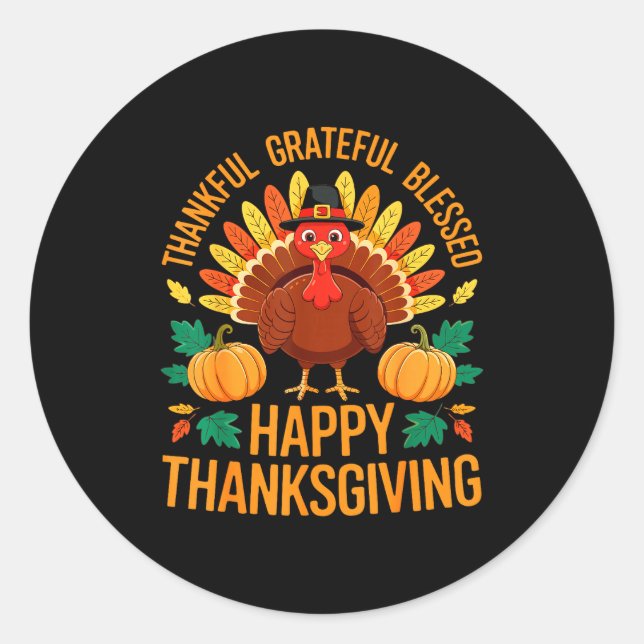 Pegatina Redonda Thankful Grateful Blessed Happy Thanksgiving Shirt (Anverso)