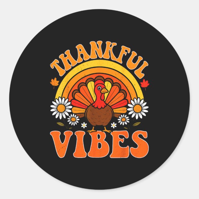 Pegatina Redonda Thankful Vibes Autumn Retro Turkey Thanksgiving Ra (Anverso)