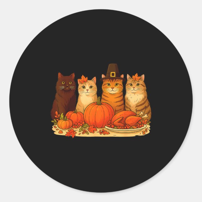Pegatina Redonda Thanksgiving Cats Dinner Pumpkin Autumn Men Women  (Anverso)