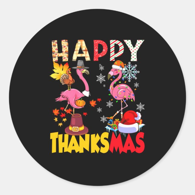 Pegatina Redonda Thanksgiving Christmas Flamingo Happy Thanksmas Xm (Anverso)