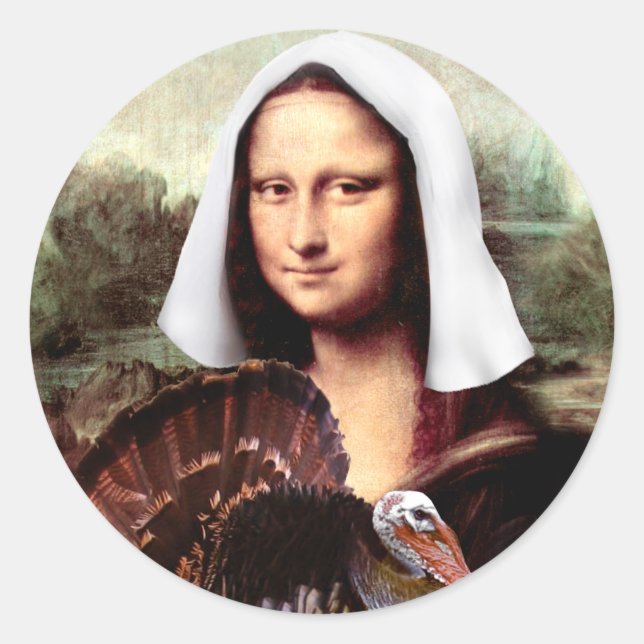 Pegatina Redonda Thanksgiving Mona Lisa Pilgrim with Turkey (Anverso)