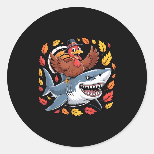 Pegatina Redonda Thanksgiving Turkey Riding Shark Funny Autumn Boys (Anverso)
