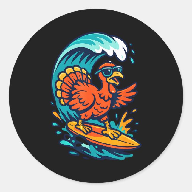 Pegatina Redonda Thanksgiving Turkey Surfer Surfing  (Anverso)