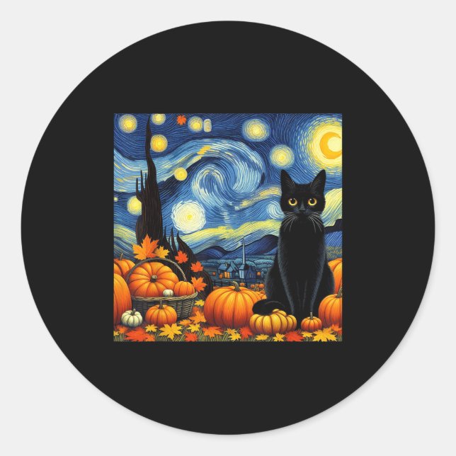 Pegatina Redonda Thanksgiving Van Gogh Starry Night Black Cat Pumpk (Anverso)